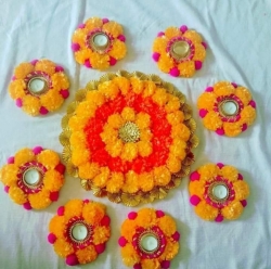 Round Marigold Rangoli - 9 Inch X 5 Inch - Set of 9 - Made of Plastic