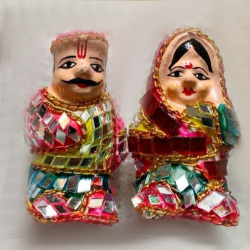 4 Inch - Rajasthani Gudda & Guddi - 1 Pair - Made Of Terracotta With Mirror Work