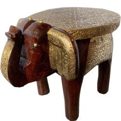 7 Inch - Wooden Brass - Fitted Elephant - Stool - Hand-Crafted Wooden Elephant Stool