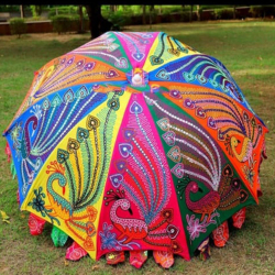 6 FT Diameter- 7.5 FT Height Garden Umbrella Rajasthani Embroidery Work - Fold Able Cotton Beautiful Decorative Umbrella