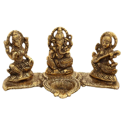 3 X 9 Inch - Laxmi Ganesha & Saraswati Devi Murti - Center Table Item - Pooja Room Idols Decoration - Made Of Metal Finish.