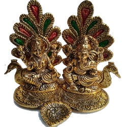 6 Inch - Laxmi Ganesha With Mayur Singhasan - Center Table Item - Pooja Room Idols Decoration - Made Of Metal Finish.