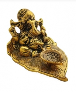 5 Inch - Peepal Ganesh Diya - Center Table Item - Pooja Room Idols Decoration - Made Of Metal Finish
