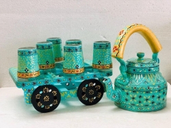 Designer Rajasthani Gold Aluminium Hand Painted Kettle with Serving Tray and 6 Glasses