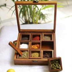 8 INCH X 8 INCH - Wooden Spice Box - Masala Box Containers With Spoon For Kitchen Storage