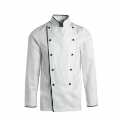 Kitchen Uniform - Chef Coat - Unisex Chef Uniform - Kitchen Apparel - Double Breasted - Mandarin Style Collar Full Sleeves - Made Of Premium Quality Cotton - White Color With Black Piping Trim & Buttons (Available Size 38 , 40 , 42 , 44 , 46 , 48)
