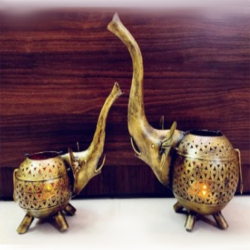 Wrought Iron Elephant T-Light Pair - Two Pair - Golden Color