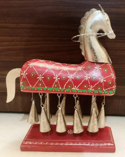 13 Inch X 3.5 Inch - Wooden Horse With Metal face and Ringing Metal Bells - Center Table Item - Mead Of Wooden
