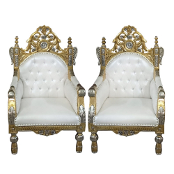 Wedding Chair - Made Of Wood & Brass Coating  - 1 Pair (2 Chair) - White & Golden Color