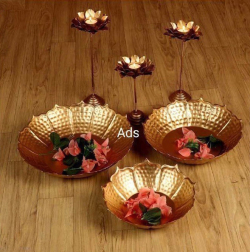 Decorative Urli With Lotus Stand -  Set Of  3 - Made Of Iron