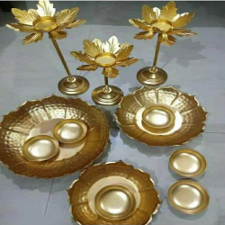 Urli With Lotus Candle Stand - Made of Metal - Golden Color