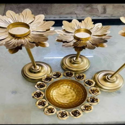 Decorative Flower Diya Stand - Made Of Metal - Golden Color